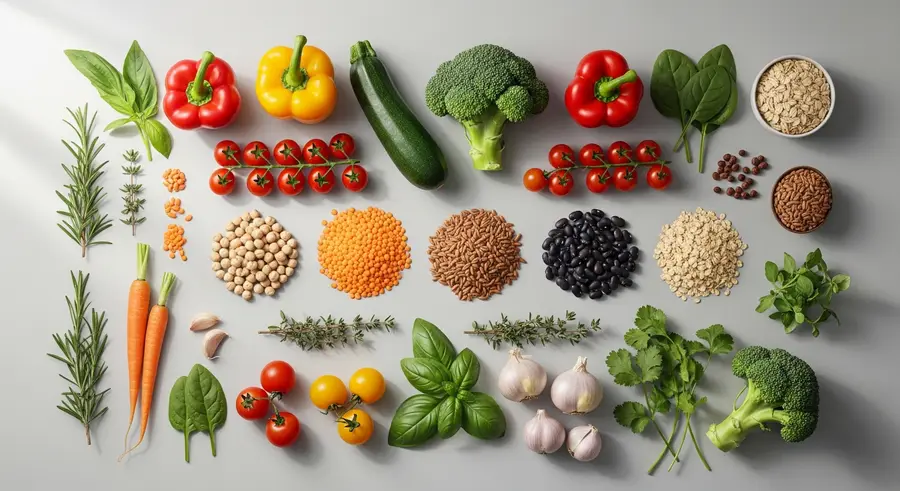 Plant-based ingredients arranged for a quick cooking minute.