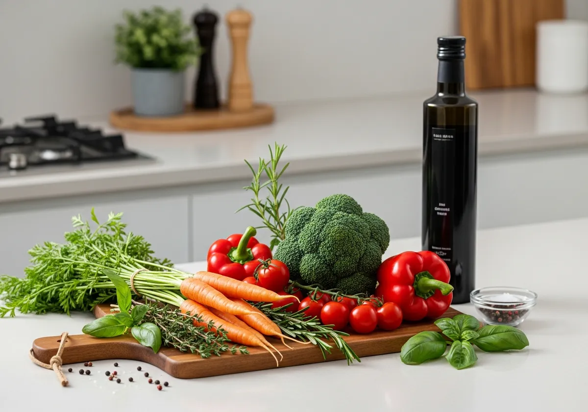 Fresh plant-based vegetables and grains arranged on a real kitchen counter.